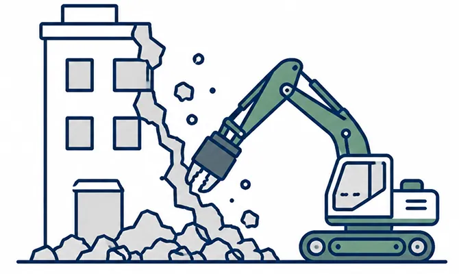 解体工事の重機と建物